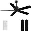52" Ceiling Fan No Light - Outdoor Indoor Flush Mount Low Profile DC Motor Fan with Remote, 5 Blades Reversible Silent Fan for Patio, Bedroom, Living Room, Garage
