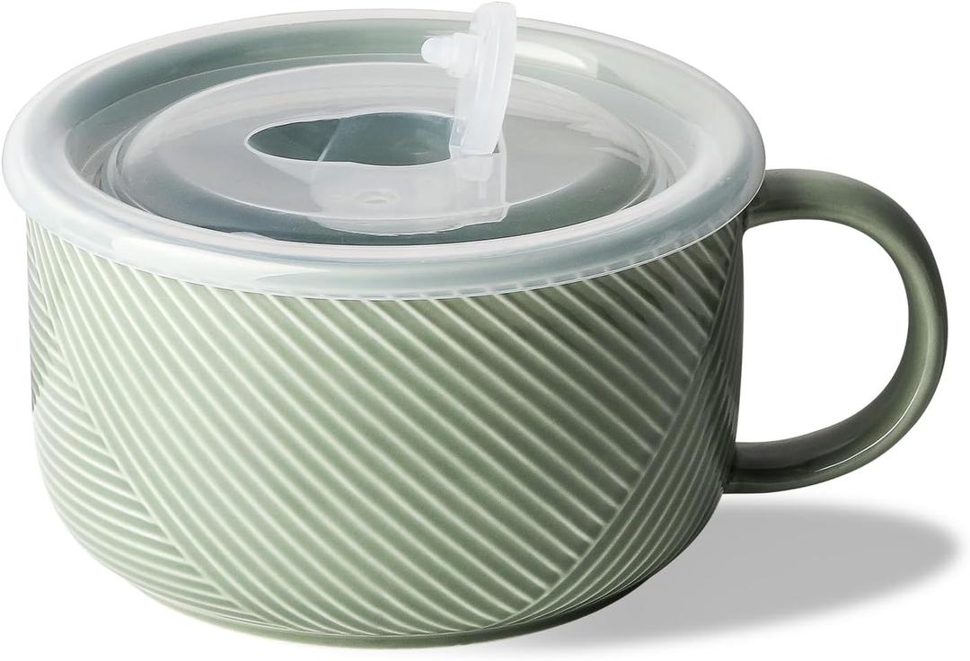 Oversized Soup Bowl with Handle: 38 oz Ceramic Soup Mug with Lid - Microwave Safe Jumbo Food Storage Container for Ramen Cereal Breakfast Meal Prep Office Lunch Dorm Living - Pea Green 6 In