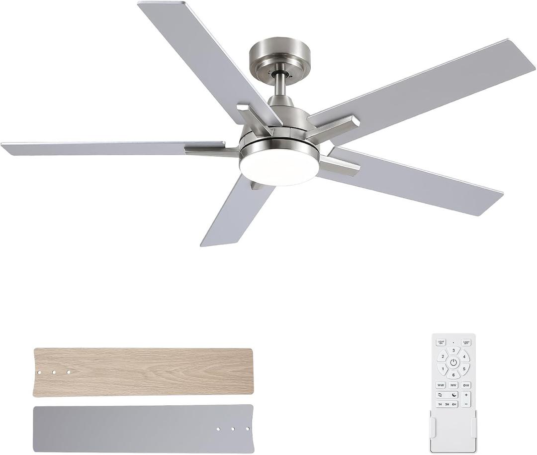 SODSEA Ceiling Fans with Lights, 52 inch Nickel Ceiling Fan with Light and Remote Control, Reversible, 3CCT, Dimmable, Noiseless, Small Ceiling Fan for Bedroom, Indoor/Outdoor Use