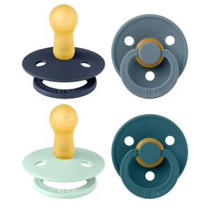 BIBS Pacifiers - Colour 4 Pack | Round Nipple Baby Pacifier | BPA Free Natural Rubber Latex Soother | Made in Denmark | Size 6-18 Months | Boy Colors