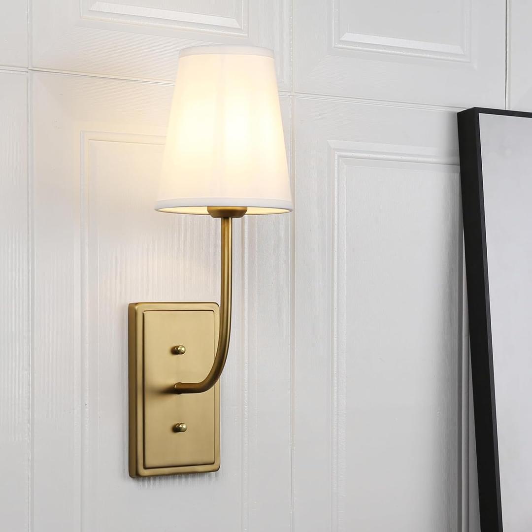 Vintage Brass Wall Sconce 1-Light, White Fabric Shade Wall Lamp Hardwired Indoor Wall Light for Bedroom Living Room Vanity Bathroom