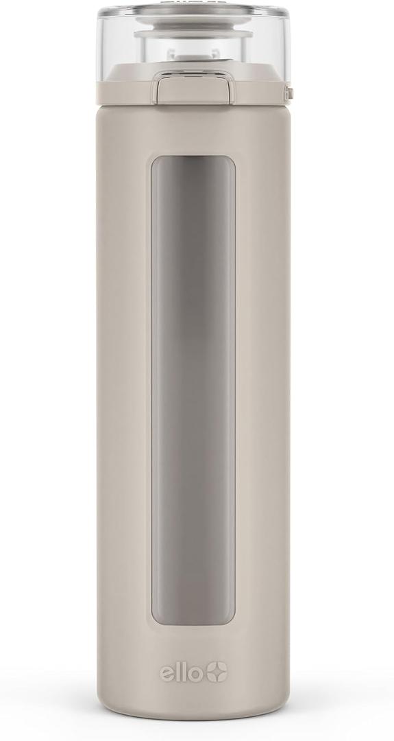 Ello Syndicate 20oz Reusable Glass Water Bottle with One-Touch Leak Proof Flip Lid, Protective Non-Slip Silicone Sleeve, Carry Loop for Coffee, Tea and Water, BPA-free, Dishwasher Safe, Sand