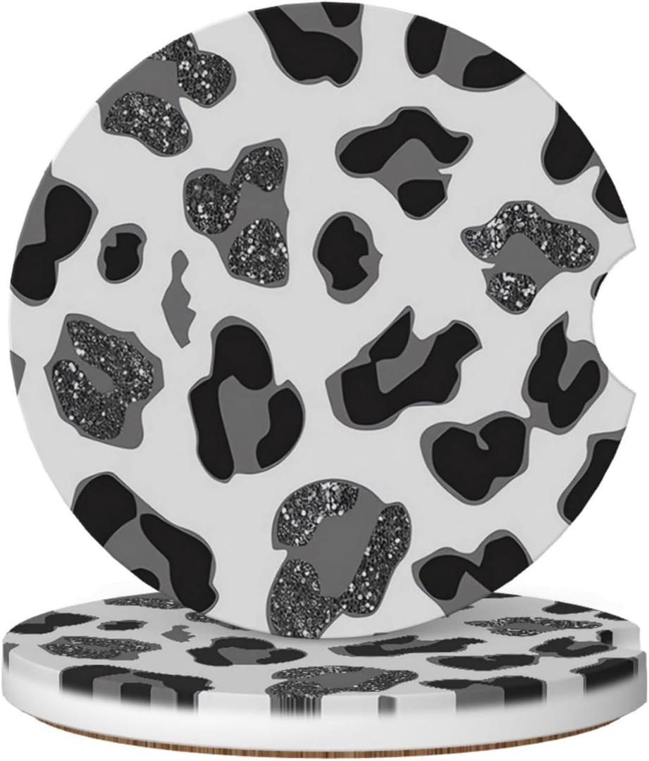 GACCAP Car Coasters for Cup Holders, 2 Pack Absorbent Ceramics Anti Slip Universal 2.56 Inch Car Cup Coaster for Women Men, Car Interior Accessories - Black Grey Leopard Cheetah Print