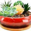 7.4 inch Ceramic Bonsai Pots with Trays Shallow Planters, Succulent Planters with Drainage Hole, Round Large Shallow Pots, Bonsai Pots Garden Decorative Cactus Stand Flower Container (Red)