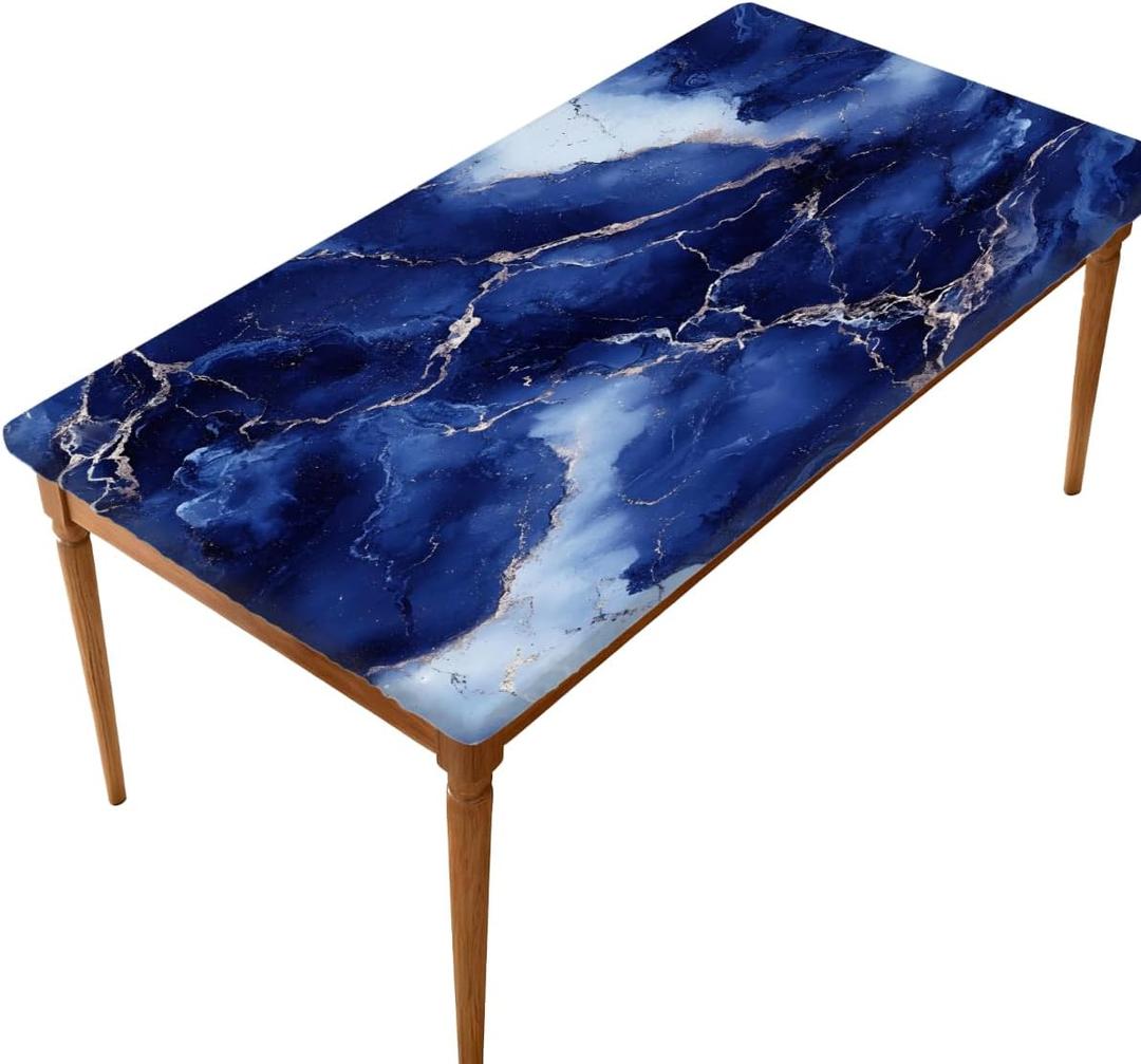Pardick Blue Marble Rectangle Fitted Tablecloth 5ft Rectangle Table Cover with Elastic Edge Wipeable Outdoor Table Cloths for Kitchen Dining Party Outdoor Picnic Holiday Decor 60" L X 30" W