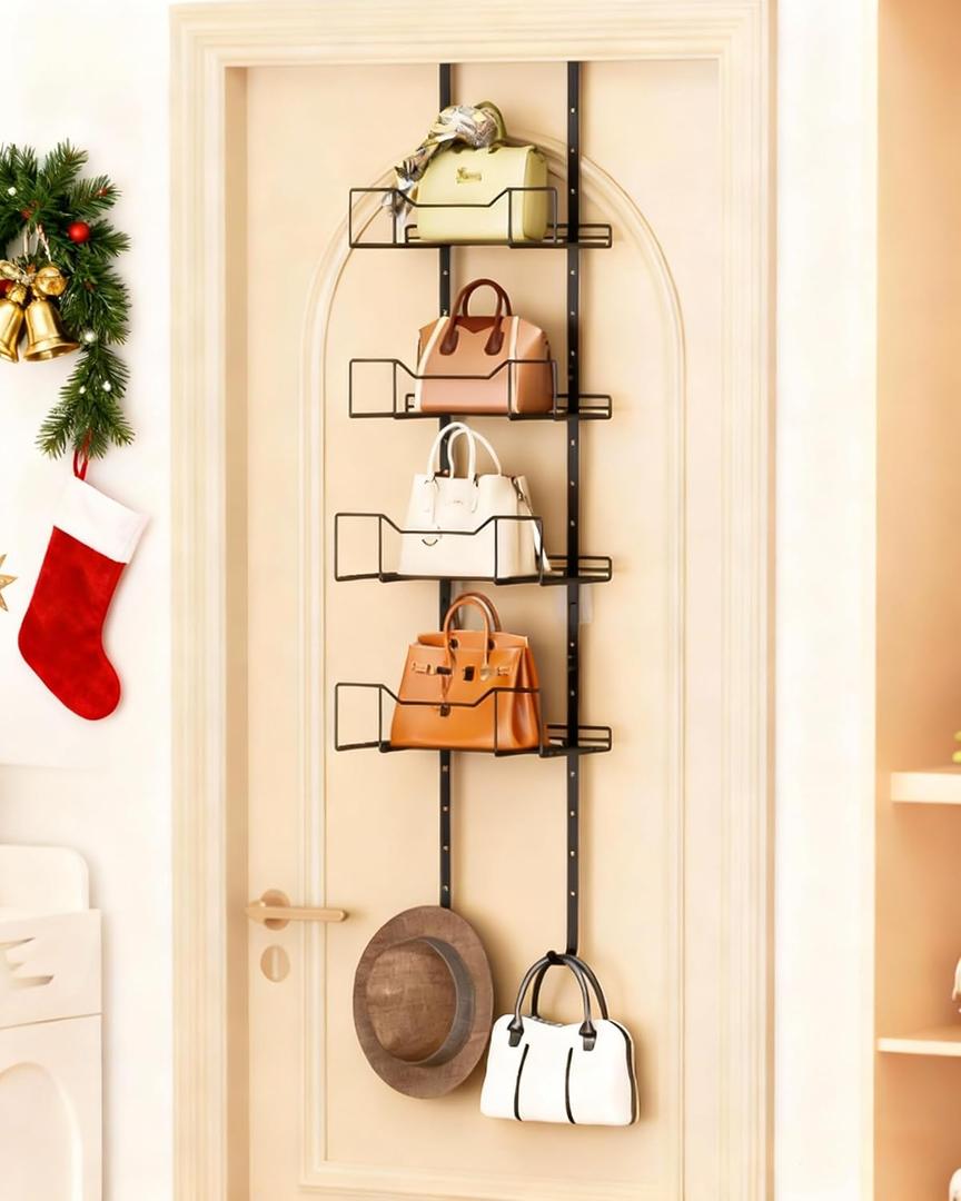 Metal Purse Organizer, Over The Door Storage, Door Organizer Hanging, Purse Hanger for Wall, Laundry Room Organization and Storage, Bag Hanger for Closet, for Bathroom, Pantry (4 Tier)