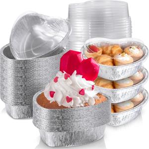 Hushee 12 Pcs 27 oz Valentine's Day Heart Shaped Cake Pan with Lid 7.4 Inch Aluminum Foil Disposable Cupcake Baking Pan Heart Food Packing Muffin Tin Liner Pudding Cooking Cup for Mother's Day