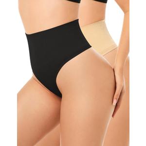 Yeblues Thong Shapewear Tummy Control for Women Seamless Shapewear Underwear Body Shaper Panties for Under Dresses (Medium, Black+nude 2pack)