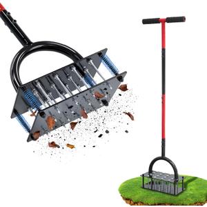 Lawn Aerator Tool, 16 Iron Spikes Manual Grass Aerator Lawn Tool with Spring-Loaded Design & Adjustable T-Handle, Automatic Leaf and Dirt Cleaning Yard Aerator for Loosening Soil Aerating Patio Garden