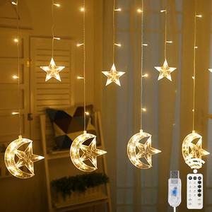 WATERGLIDE 138 LED Star Moon Curtain Decorative Lights, Window Curtain Fairy String Lights, Remote Control & USB Plug, 8 Lighting Modes for Home Holiday Ramadan Christmas Wedding Party, Warm White