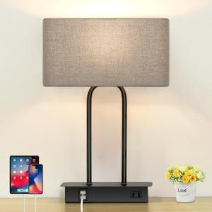 3-Way Dimmable Touch Control Table Lamp with USB Ports and AC Power Outlet Modern Bedside Nightstand Lamp Fabric Shade and Metal Base for Guestroom Bedroom Living Room LED Bulb Included Warm White (Gray)