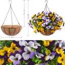 2 Set Artificial Outdoor Pansy Flowers with Hanging Baskets, 2 Hanging Baskets with 24 Pcs Silk Flowers for Spring Easter Decorations Porch Patio Home Decor (2, Purple, Yellow, White, Light Purple)