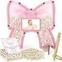 Wenqik 63 Pcs Coquette Pink Bow Baby Shower Guest Book Alternatives Set Baby Shower Decorations with Photo Frame Sonogram Frame Keepsake 60 Wood Slices Guest Book for Birthday