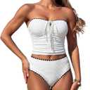 ZAFUL Women's Bandeau Tankini Swimsuit Asymmetrical Slit Bowknot String High Cut Fairyland Cheeky Bathing Suit (White, M)