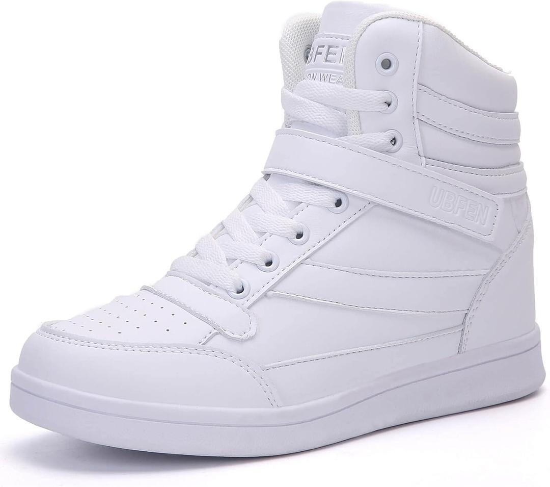 UBFEN Womens High Top Ankle Support Sneakers Vibrant Colour Hidden Wedge Heel Retro 80s Tennis Shoes for Girls Cosplay Removable Insole Backpacking Boots (7.5, White)