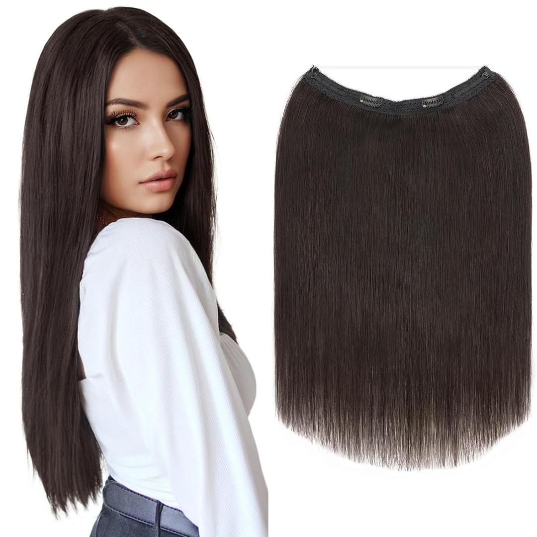 Elailite Halo Hair Extensions Real Human Hair for Women Natural Black Clip in Remy Hairpiece with Adjustable Invisible Wire 20 Inch 70G