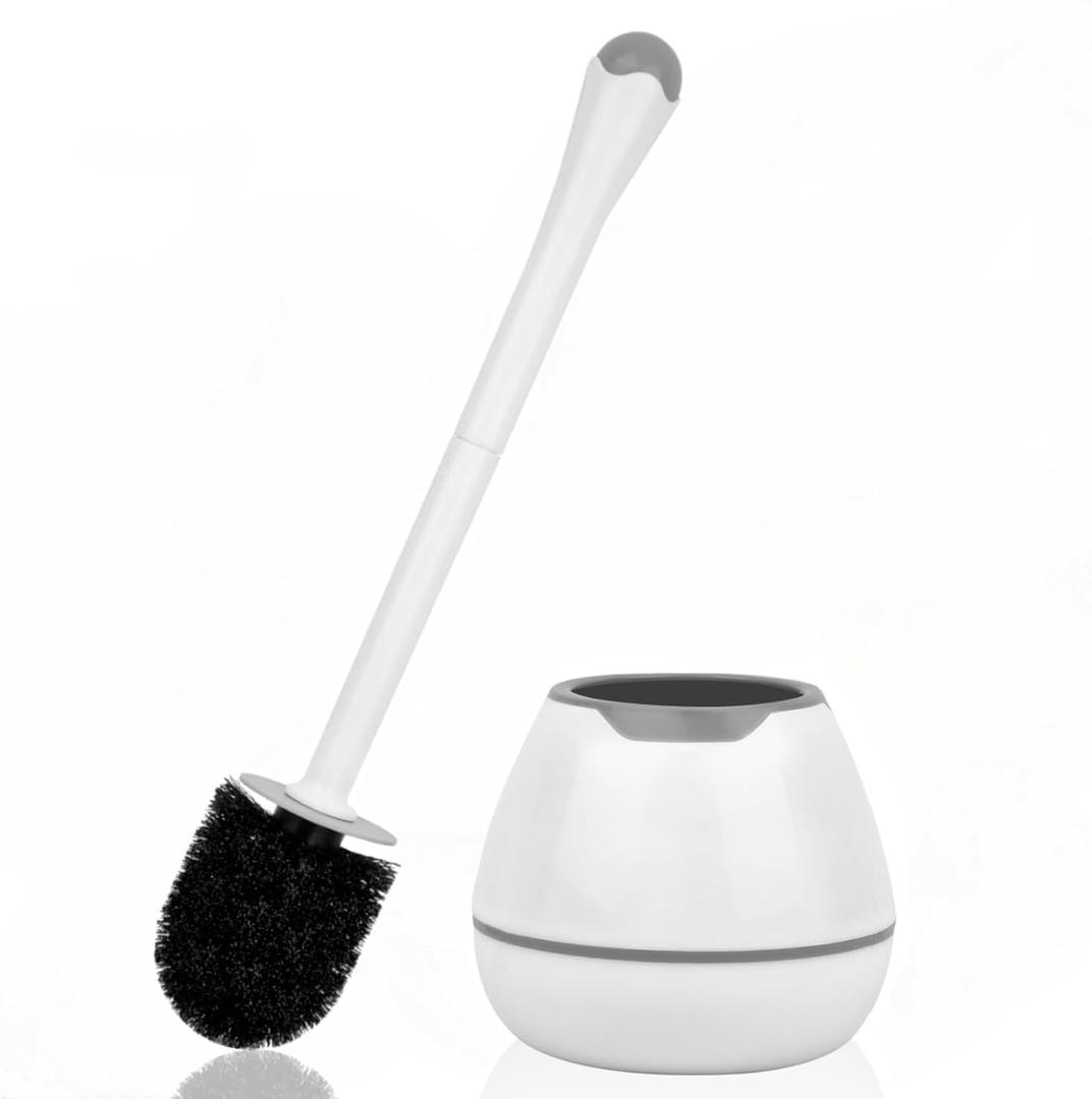 Toilet Brush and Holder, Toilet Bowl Brush with Long Handle, Plastic Holder Easy to Hide, Drip-Proof, Easy to Assemble, Deep Cleaning (1 Pack, White)