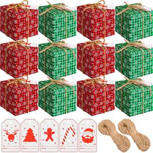 Qeeenar 100 Pieces Christmas Gift Boxes with Lids 4 x 4 x 4 Inches Gift Box Classic Plaid Decorative Boxes Xmas Ornament Gift Boxes with Gift Tags and Rope for Christmas Party Favor Decor (Snowflake)