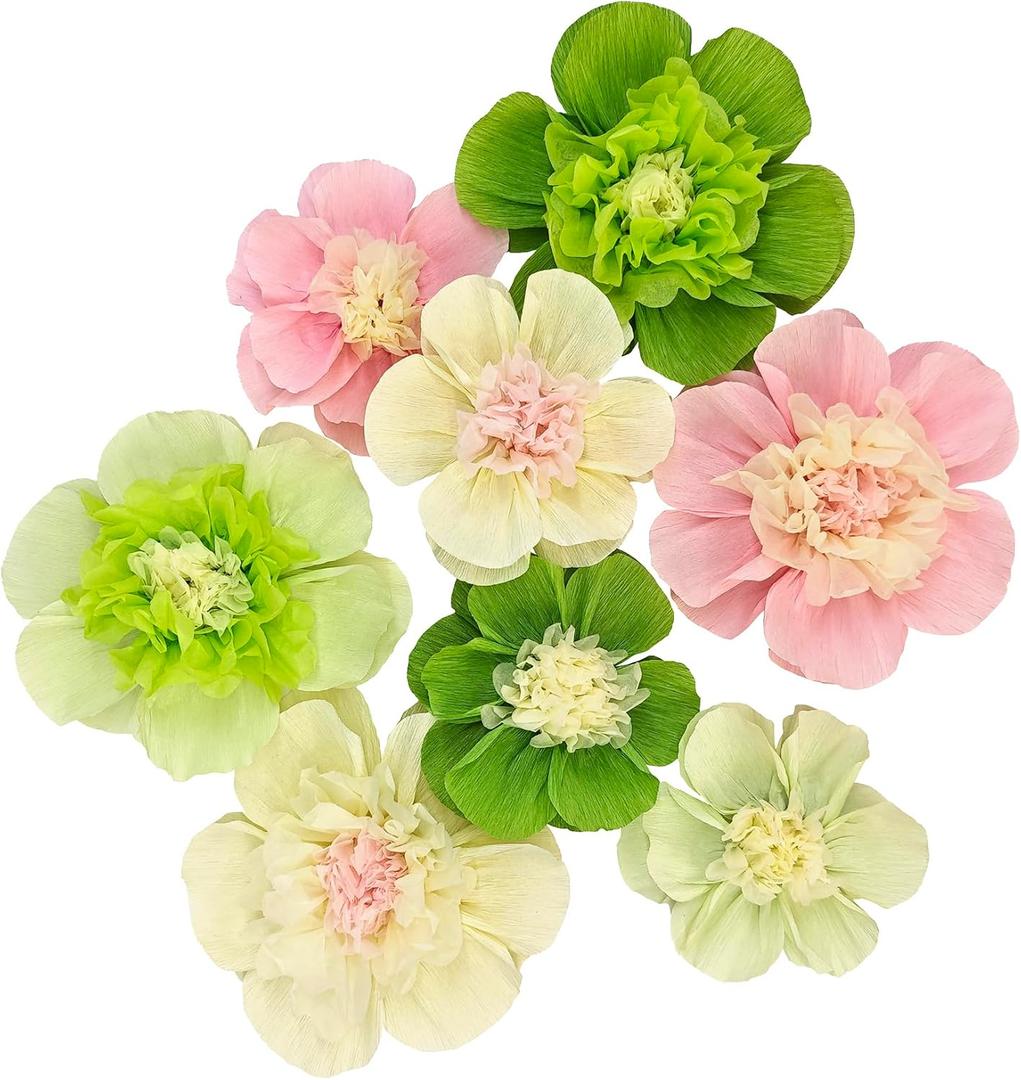 Mybbshower Crepe Paper Flower for Wall Psprt Pom Pom Decor Girls Birthday Party Backdrop Baby Shower Nursery Room Decoration Pack of 9 (Pink Green)