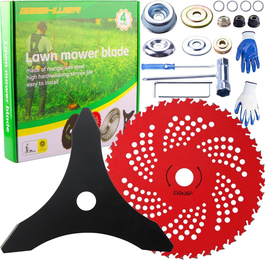 10"x 3 Teeth Carbon Steel Brush Cutter Weed Eater Blades & 9"x 36 Teeth Carbide Tipped Blades with Universal Adapter Kit Compatible with Brush Cutter, Trimmer, Weed Eater, Husqvarna Stihl Ego