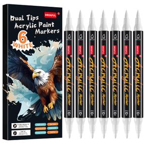 White Acrylic Paint Pens Markers, 6 Pc Dual Tips Waterproof Paint Markers For Rock Painting, Fabric, Metal, Glass, Wood, Canvas, Ceramic, Pumpkins, Eggs, Plastic, Non-Toxic & Odor