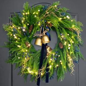 24 Inch Pre-Lit Norfolk Pine Christmas Wreath for Front Door, Artificial Plants Green Christmas Wreath with Lights, Velvet Ribbon, Natural Berries, Pinecones and Bells, Lighted Door Wreath
