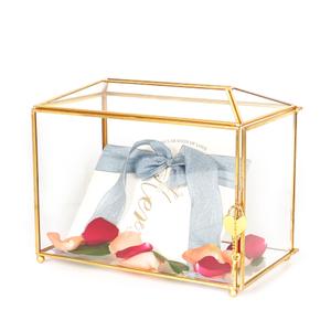 12.6" Glass Card Box Wedding Card Box with Lock for Wedding Reception Cosmetic Home Decor, Handmade Large Geometric Terrarium with Hinged Lid, Brass Frame - (Gold/Roof)