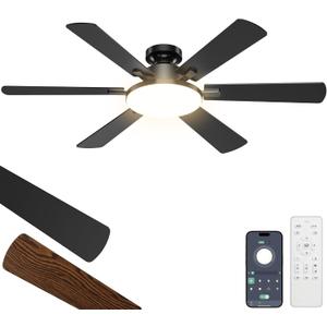 52 Inch Ceiling Fans with Lights, Upgraded 6 Blades Ceiling Fan with Light Remote, Quiet 6 Speed Reversible DC Motor, Modern Design, Flush Mount, 3CCT Dimmable LED, Double Sided for Bedroom Livingroom