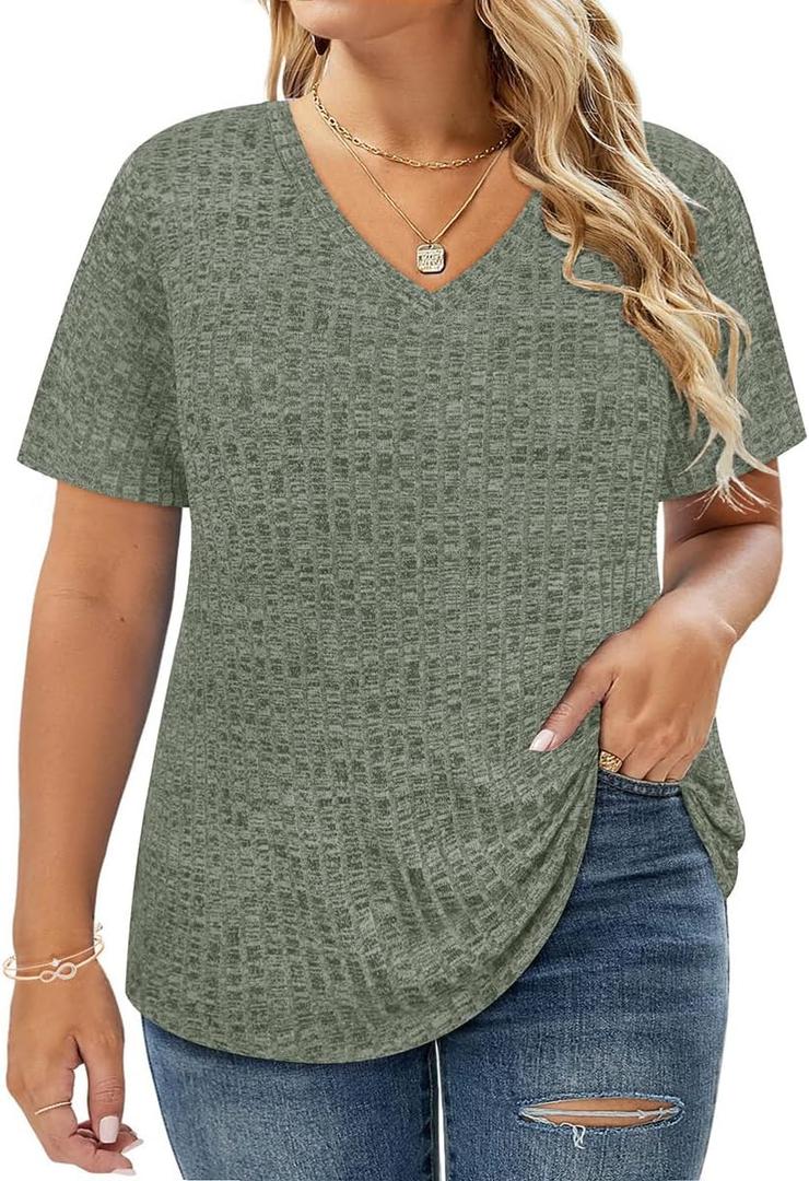 CARCOS Plus Size Tops for Women Short Sleeve Shirts Basic V Neck Summer Tshirts Casual Tunics XL-5XL (XXL)