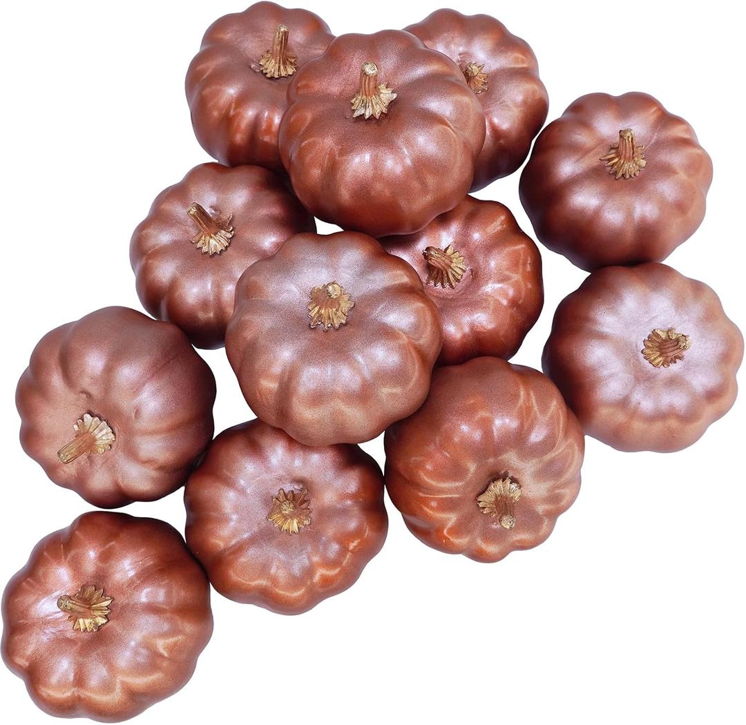 Winlyn 12 Pcs Rose Gold Pumpkins Small Artificial Pumpkins Decorative Pumpkins Faux Foam Pumpkins for Gifts Fall Wedding Baby Shower Thanksgiving Halloween Holiday Table Centerpiece Mantel Dcor