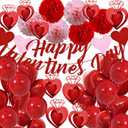 Valentines Day Decorations, Happy Valentines Day Banner and Red Heart Balloons for Valentines Decor with Paper Flowers and Heart Hanging Decor