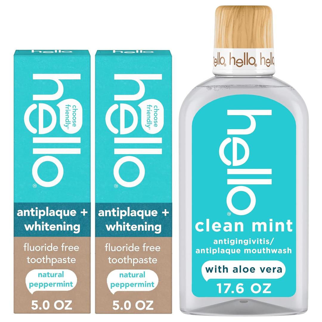 Hello Antiplaque and Whitening Fluoride Free Toothpaste (2 Pack, 5 Oz Tubes) and Clean Mint Alcohol Free Mouthwash (17.6 Fl Oz Bottle) with Aloe Vera, Natural Peppermint