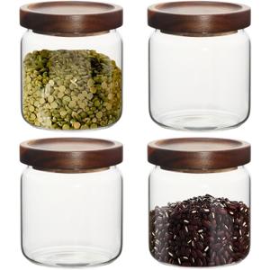 16oz Glass Airtight Food Storage Jars with Acacia Wood Lid - Kitchen Canisters for Coffee,Tea,Sugar,Spices,Herbs,and Candy - Airtight, and Stylish for Pantry or Countertop (4PCS)