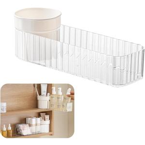 Medicine Cabinet Organizer, Stackable Narrow Makeup Organizer with Brush Holder, Mirror Cabinet Shelves for Kitchen, Bathroom Cabinet, Counter, Vanity (Transparent)