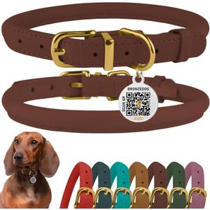 BronzeDog Rolled Leather Dog Collar with QR ID Tag, Adjustable Soft Round Collars for Small Medium Large Dogs Puppy (7" - 10" Neck Size, Cognac Brown)