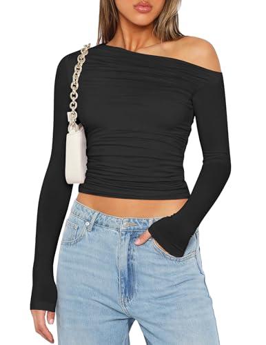 Zeagoo Womens Long Sleeve Off The Shoulder Casual Crop Tops Boat Neck Going Out Slim Fit Winter T Shirts 2024 Black