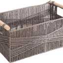 Wicker Storage Baskets for Organizing, Recyclable Paper Rope Basket with Wood Handles, Decorative Hand Woven Basket Organizers for Makeup Books Shelves Living Room, Grey, Set of 3