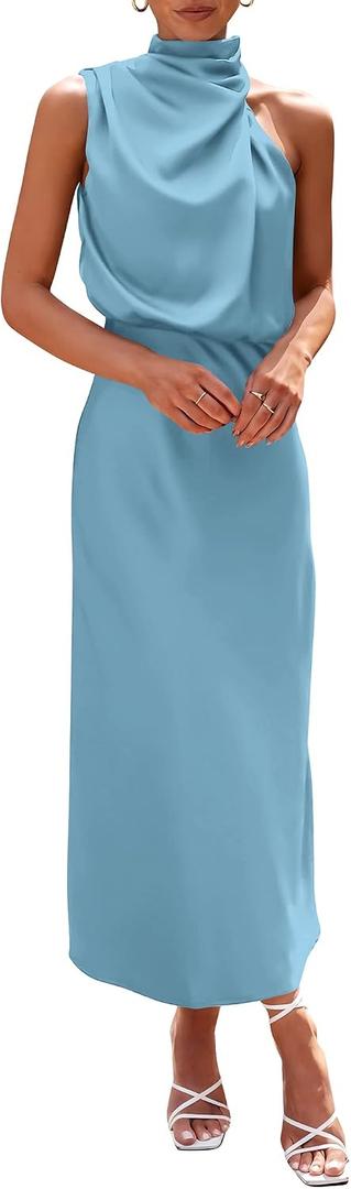 PRETTYGARDEN Women's 2026 Summer Satin Dress Elegant Sleeveless Mock Neck Cocktail Party Maxi Dresses, M