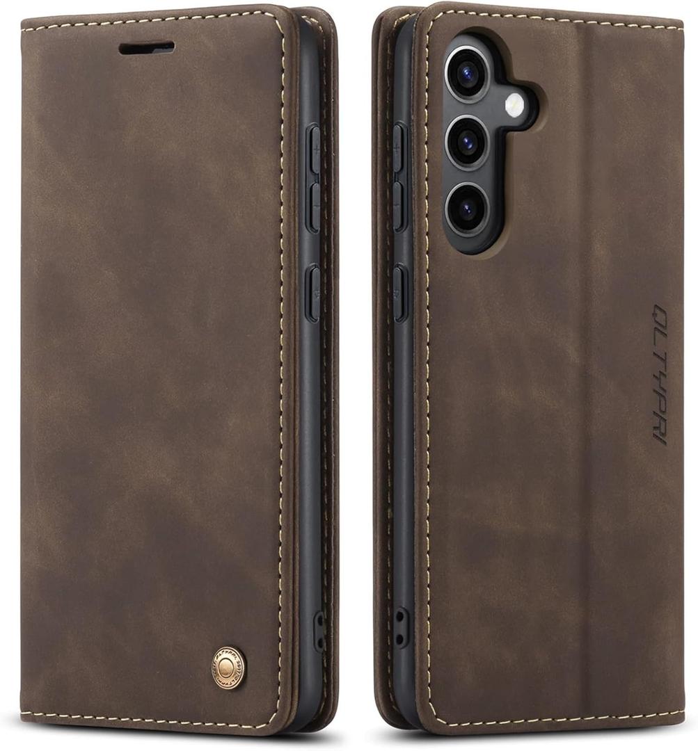 QLTYPRI Case for Samsung Galaxy S24 FE, Vintage PU Leather Wallet Case Card Slot Kickstand Magnetic Closure Shockproof Flip Folio Case Cover for Samsung Galaxy S24 FE - Coffee Brown