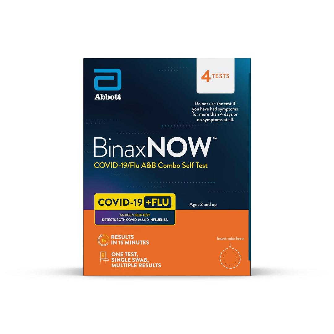 BinaxNOW COVID-19/Flu A&B Combo Self Test, Reliable COVID/Flu Home Test With 15 Minute Results, 4 Tests, BB 2026-09-14