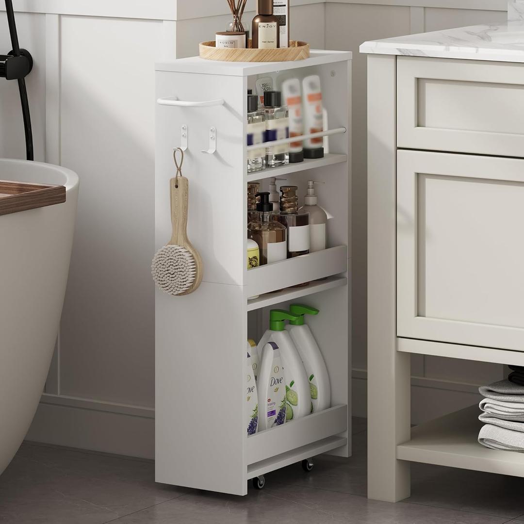 ChooChoo 4-Tier Bathroom Storage Cart, 7.87 inches Wide Narrow Storage Cabinet with 360 Wheels and 2 Hooks, Laundry Room Storage Organizer for Kitchen, Narrow Places, Living Room, White