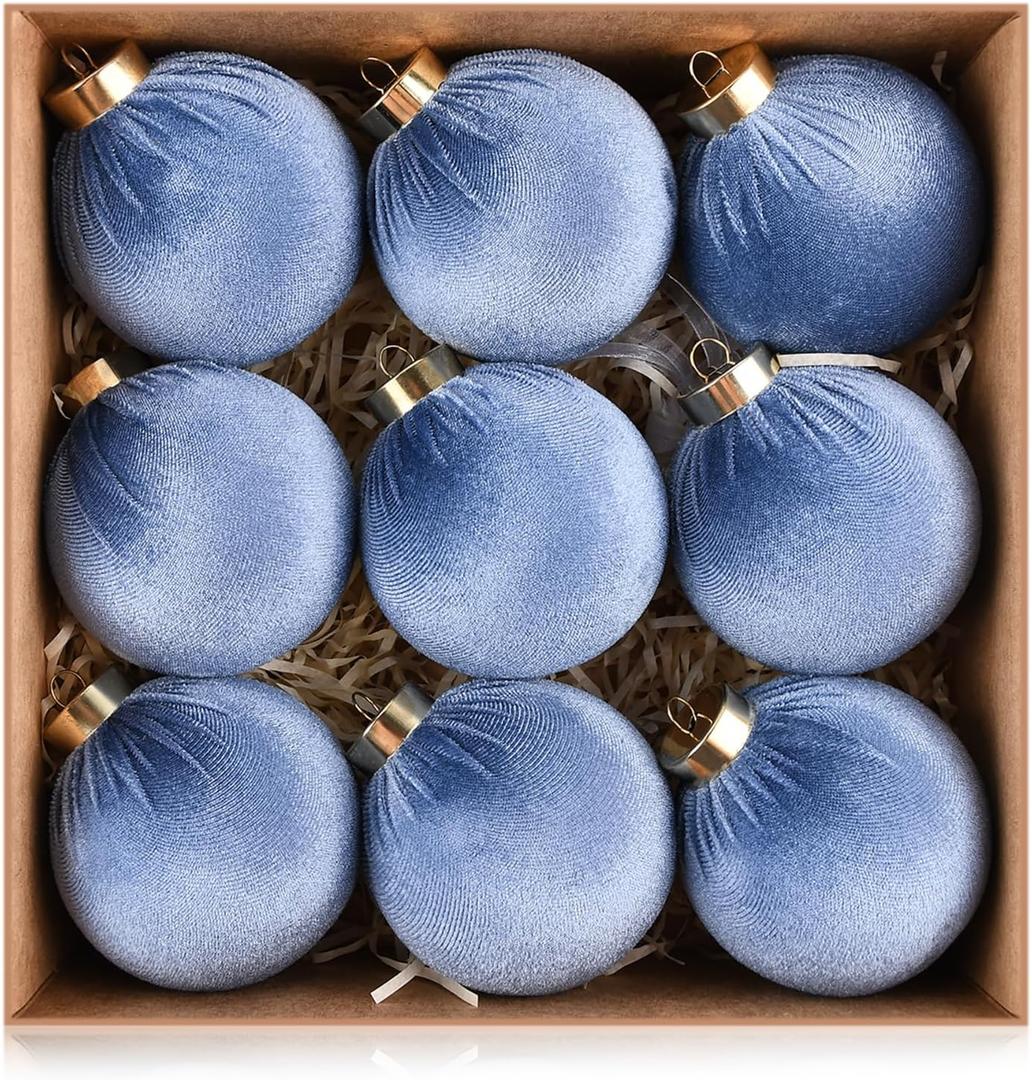 Velvet Ornaments for Christmas Tree Decorations - Dusty Blue Xmas Ball Ornament for Indoor Holiday Decor - Shatterproof Christmas Bulbs Ornaments 80mm 3.15inch - Pack of 9