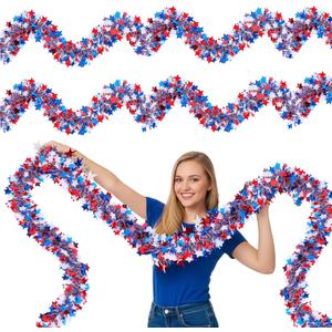 4th of July Garland Decorations 50Ft Glitter Tinsel Patriotic Garland for Home Party Holiday Memorial Day Independence Day 4th of July Golf Cart Parade Float Bike Decorations