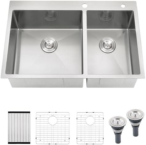 33x22 Drop In Double Bowl Kitchen Sink, Gabhar 33 Inch 16Gauge Drop In Stainless Steel 60/40 Kitchen Sinks