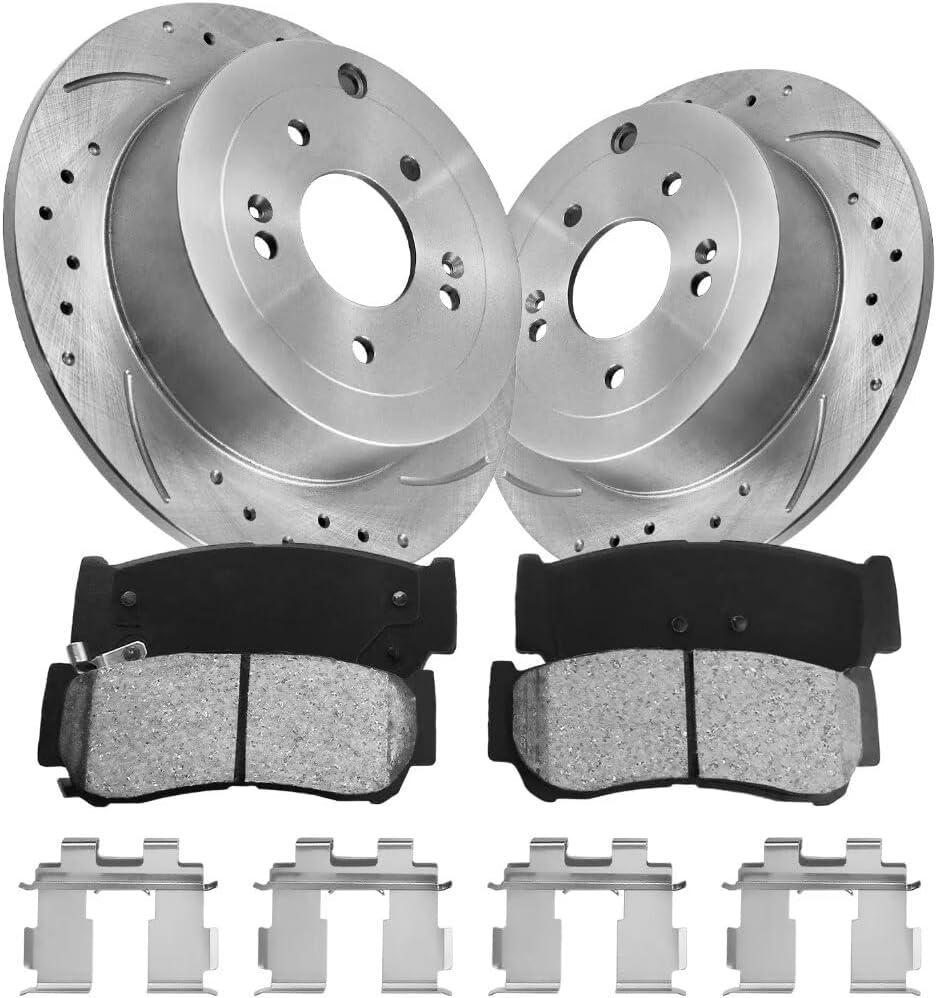 Brake Pads and Rotors Kit Rear, Compatible with Hyundai Santa Fe 2007-2009 2.7L/3.3L| OE Disc Drilled Slotted Rotors Kit| 302mm(11.9in)|31441 & D1297-8414