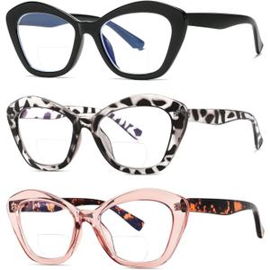 LKEYE Bifocal Reading Glasses for Women Designer Cat Eye Oversized Frame Blue Light Blocking Readers Stylish Eyewear 2 Pack