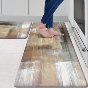 MAYHMYO Kitchen Rugs and Mats Set of 2 Brown Black Beige Anti Fatigue Mat PVC Non Slip Kitchen Mats for Floor, Bathroom, Desk, Runner, Laundry,17.3 x 29 x 0.4 inch + 17.3 x 47 x 0.4 inch