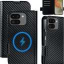 for Google Pixel 10 Pro Fold Wallet Case Compatible with Pixelsnap & MagSafe, Built-in Magnetic Ring & Hinge Protection, Carbon Fiber Texture Leather 3 Card Slots with RFID Blocking (Black)