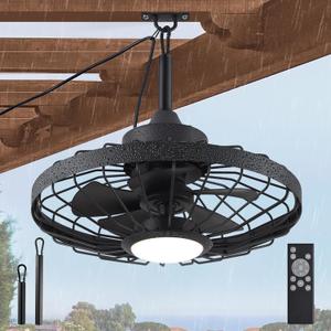 LEDIARY 20" Outdoor Ceiling Fans with Lights and Remote Control, Waterproof Caged Ceiling Fan with 3 Color LED Light,Portable Hanging Gazebo Fan with Plug in Cord Hook for Patios,Black