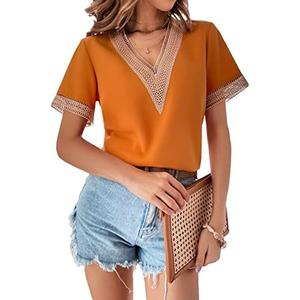 WDIRARA Women's V Neck Short Sleeve Lace Trim Top Casual Blouse Shirts Orange L